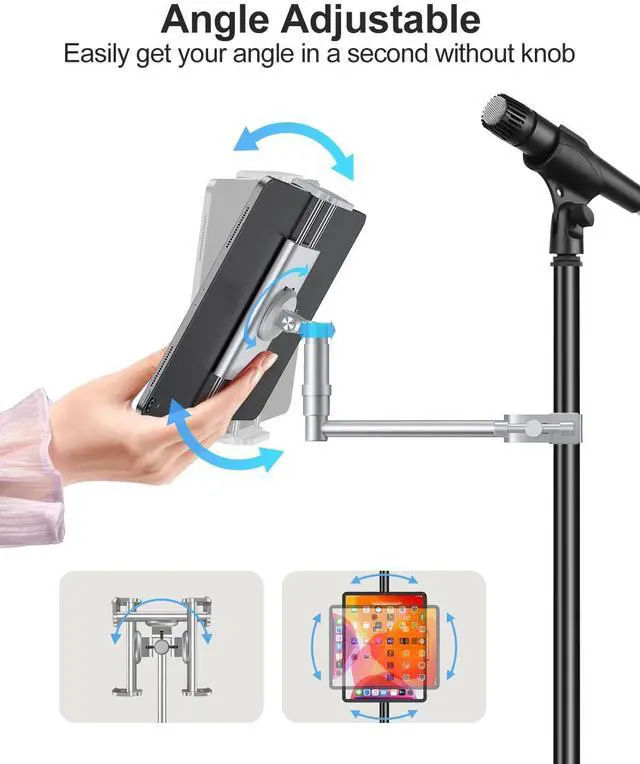 Alt view image 4 of 5 - elitehood Aluminum iPad Holder for Mic Stand, Side Mount iPad Music Stand Holder for Microphone, 360° Swivel Tilt Adjustable Mic Tablet Mount for 4-13in iPhone, Cell Phones and Tablets, Sliver