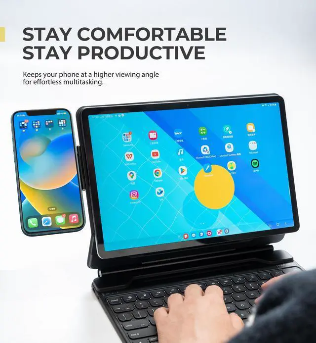 Alt view image 3 of 5 - Dexnor Magnetic Phone Holder for Magic Keyboard, Compatible with Magsafe and Non-Magsafe Phone, Slim Portable Foldable Productivity Stand Mount for iPad/Samsung Magnetic Keyboard Cases - Black