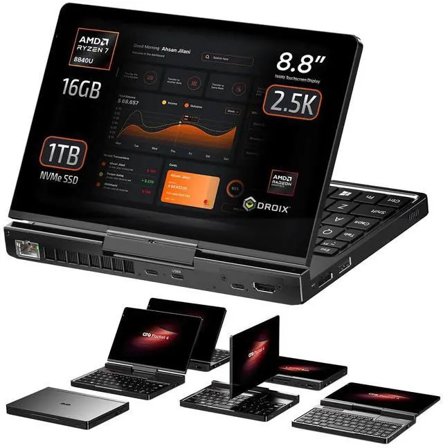 Main image of GPD Pocket 4: Mini Laptop with AMD Ryzen 7 8840U CPU, Radeon 780M GPU, 16GB LPDDR5X RAM, 1TB PCIe Gen4 SSD, 8.8 Inch 2.5K 144Hz Display, Wi-Fi 6E, Bluetooth 5.3, Modular AI Handheld PC
