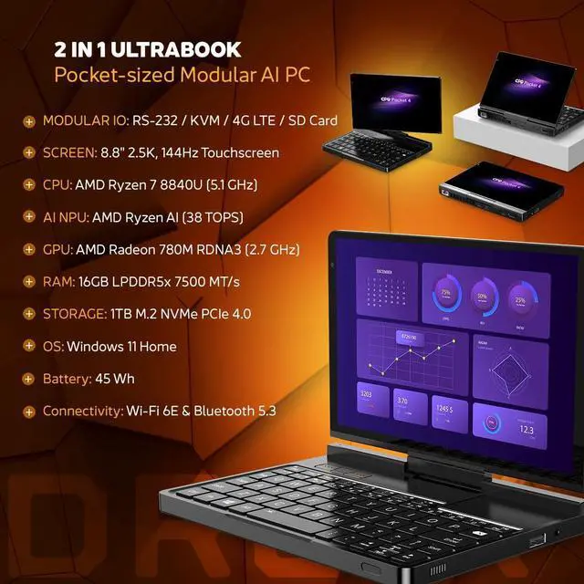 Alt view image 2 of 5 - GPD Pocket 4: Mini Laptop with AMD Ryzen 7 8840U CPU, Radeon 780M GPU, 16GB LPDDR5X RAM, 1TB PCIe Gen4 SSD, 8.8 Inch 2.5K 144Hz Display, Wi-Fi 6E, Bluetooth 5.3, Modular AI Handheld PC