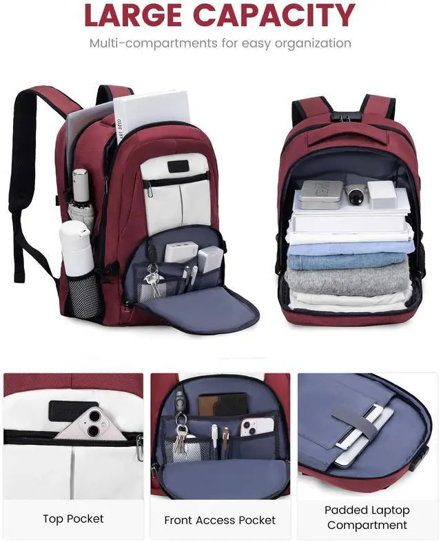 Alt view image 2 of 5 - LOVEVOOK Travel Laptop Backpack Waterproof Anti Theft Backpack with Lock and USB Charging Port Large Computer Business Backpack for Women College Backpack(17 inch,Dark Red & White
