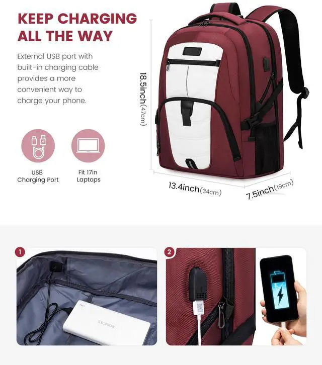 Alt view image 3 of 5 - LOVEVOOK Travel Laptop Backpack Waterproof Anti Theft Backpack with Lock and USB Charging Port Large Computer Business Backpack for Women College Backpack(17 inch,Dark Red & White