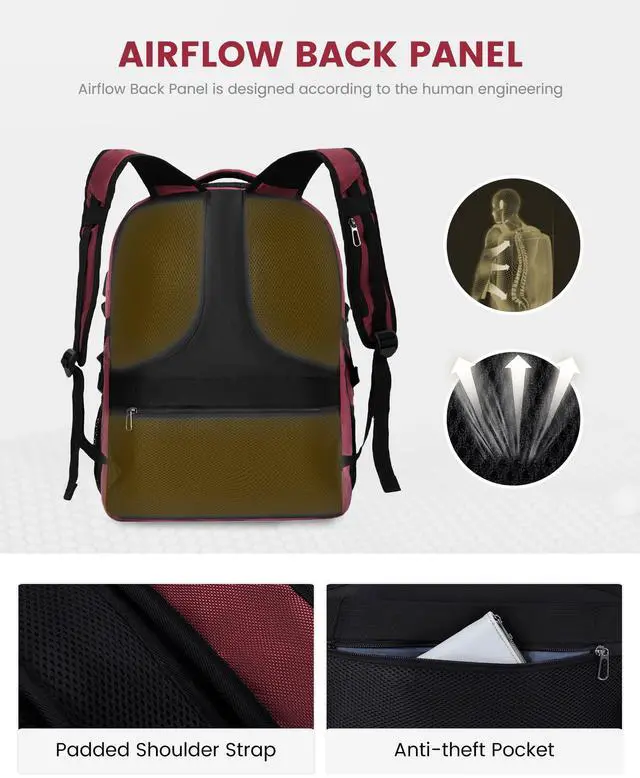 Alt view image 4 of 5 - LOVEVOOK Travel Laptop Backpack Waterproof Anti Theft Backpack with Lock and USB Charging Port Large Computer Business Backpack for Women College Backpack(17 inch,Dark Red & White