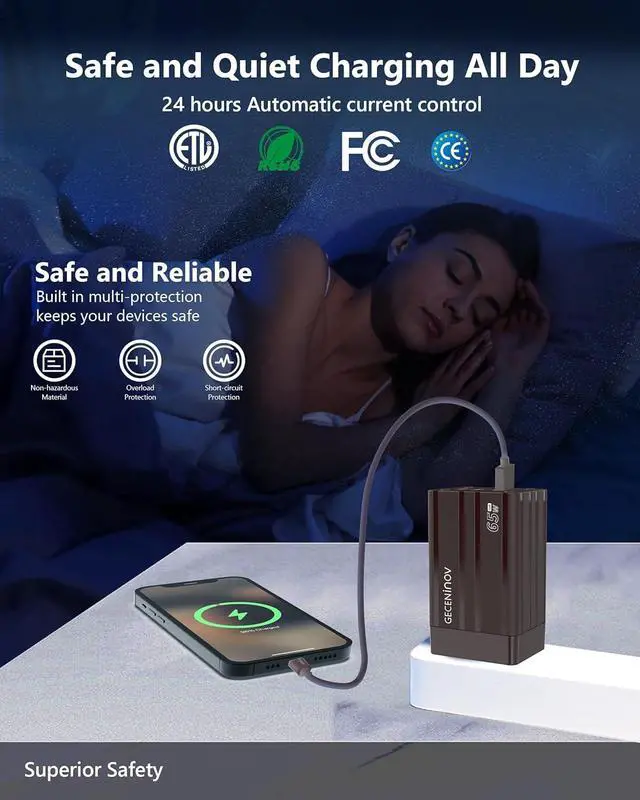 Alt view image 2 of 5 - 67W USB C Charger Block, 3-Port GaN PPS Fast Compact 67W Wall Charger with Foldable Plug for MacBook Pro/Air, Pixelbook, iPad Pro, iPhone 17/16/Pro, Galaxy S23/S22 (5FT Cable/Bronze Charger Included)