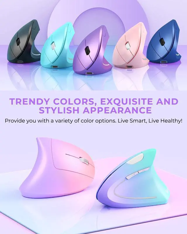 Alt view image 2 of 5 - Lekvey Ergonomic Mouse, Vertical Wireless Mouse, Rechargeable 2.4G Optical Carpal Tunnel Mice with USB Receiver: 1000/1200 / 1600 DPI, 6 Buttons, for Laptop, Computer, PC, Desktop, Light Purple