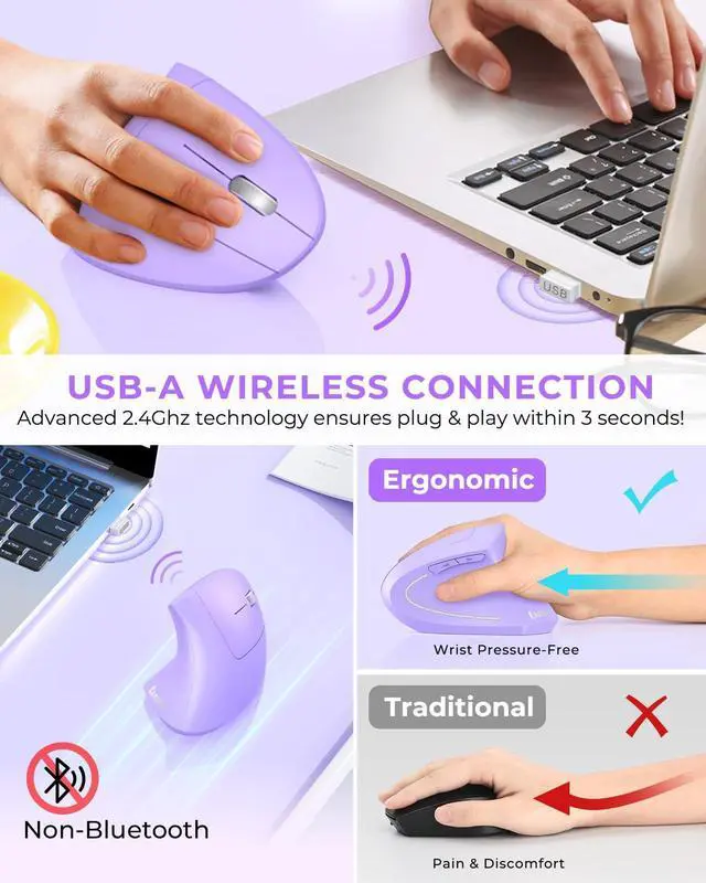 Alt view image 3 of 5 - Lekvey Ergonomic Mouse, Vertical Wireless Mouse, Rechargeable 2.4G Optical Carpal Tunnel Mice with USB Receiver: 1000/1200 / 1600 DPI, 6 Buttons, for Laptop, Computer, PC, Desktop, Light Purple