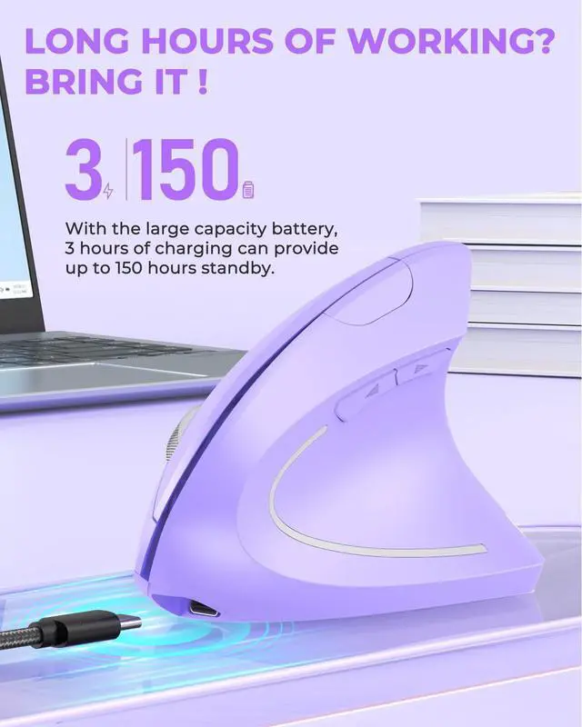 Alt view image 4 of 5 - Lekvey Ergonomic Mouse, Vertical Wireless Mouse, Rechargeable 2.4G Optical Carpal Tunnel Mice with USB Receiver: 1000/1200 / 1600 DPI, 6 Buttons, for Laptop, Computer, PC, Desktop, Light Purple