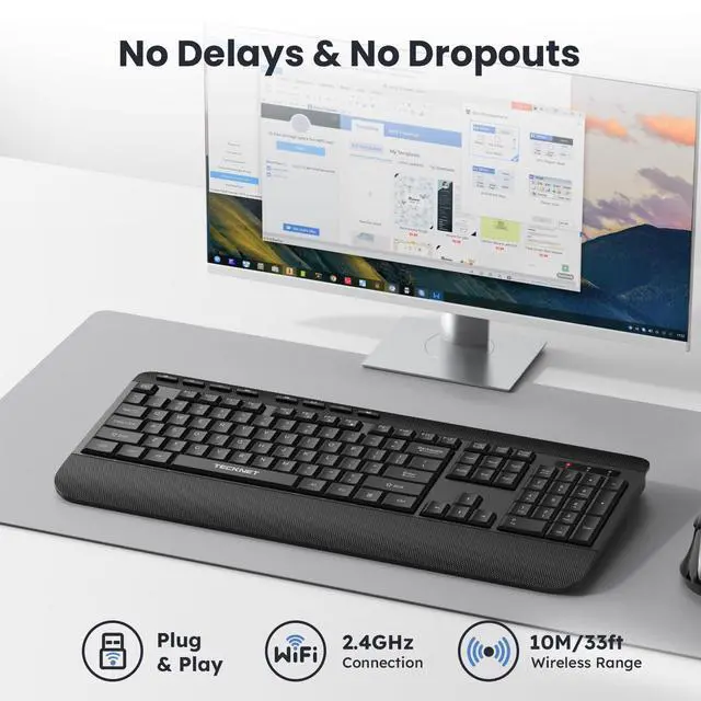 Alt view image 2 of 5 - TECKNET Ergonomic Wireless Keyboard for Laptop, 2.4G USB Silent Computer Keyboard with Comfortable Palm Rest & Adjustable Feet Stand for Desktop, PC, Notebook, Surface and Windows, Full Size Layout