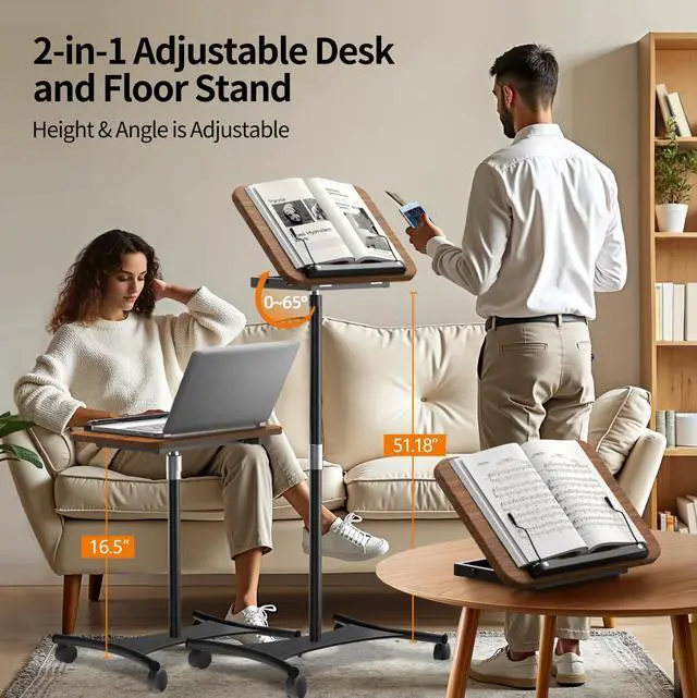Alt view image 3 of 5 - NAMON Rolling Laptop Stand, 2 in 1 Dual-use Floor & Desktop, Adjustable Height from 16.5" to 51",with 4 Silent Lockable Casters, Laptop Floor Stand Perfect for Home, Office, Study (Walnut Finish)