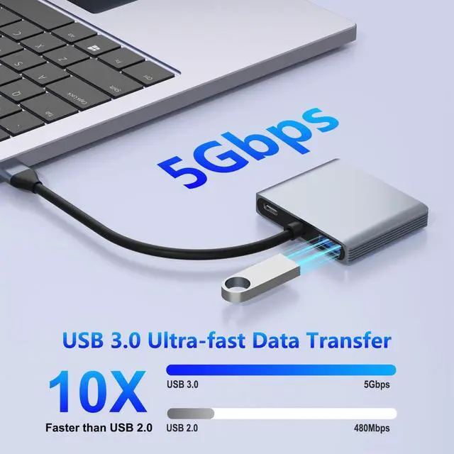 Alt view image 2 of 5 - USB C to HDMI and DisplayPort Splitter Adapter 4K@60Hz, Dual Monitor Adapter for Extended Display with HDMI/DisplayPort/USB3.0/100W PD Fast Charging, Compatible with MacBook/Dell/HP/Lenovo