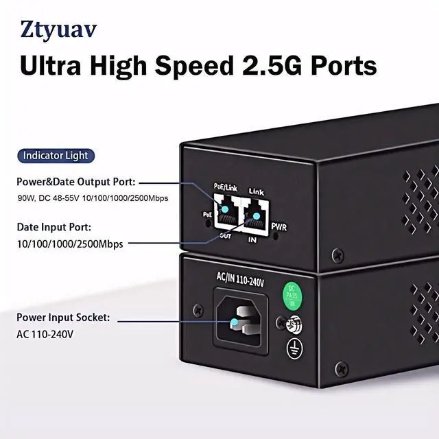 Alt view image 2 of 5 - Ztyuav 2.5G PoE++ Injector 90W Non-PoE to PoE Adapter with 2 RJ-45 Ports - 100/1000/2500Mbps, IEEE 802.3af/at/bt Compliant, Plug & Play, Distance Up to 100 Meters (328 ft.), Black