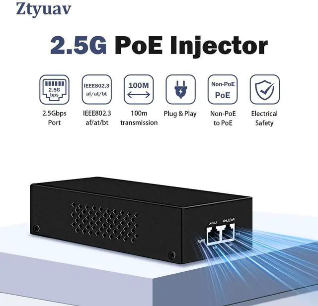 Alt view image 3 of 5 - Ztyuav 2.5G PoE++ Injector 90W Non-PoE to PoE Adapter with 2 RJ-45 Ports - 100/1000/2500Mbps, IEEE 802.3af/at/bt Compliant, Plug & Play, Distance Up to 100 Meters (328 ft.), Black