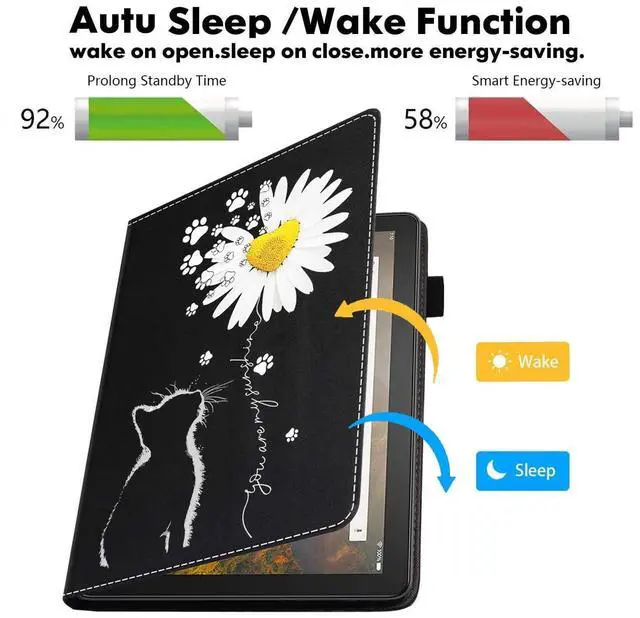 Alt view image 3 of 5 - POIUYTREW Case for Amazon Kindle Fire HD 10 & 10 Plus Tablet 10.1" (13th/11th Generation, 2023/2021 Release) - PU Leather Folio Case with Smart Auto Wake/Sleep, Cat and Daisy Flower