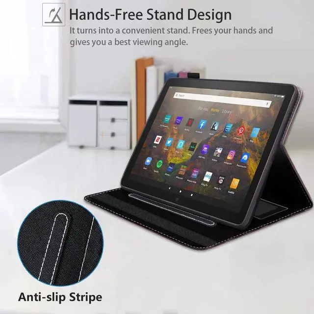 Alt view image 4 of 5 - POIUYTREW Case for Amazon Kindle Fire HD 10 & 10 Plus Tablet 10.1" (13th/11th Generation, 2023/2021 Release) - PU Leather Folio Case with Smart Auto Wake/Sleep, Cat and Daisy Flower