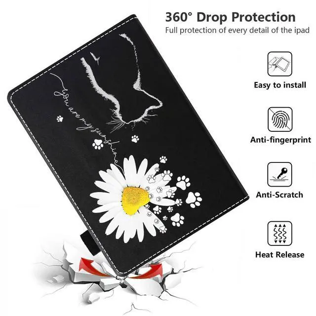 Alt view image 5 of 5 - POIUYTREW Case for Amazon Kindle Fire HD 10 & 10 Plus Tablet 10.1" (13th/11th Generation, 2023/2021 Release) - PU Leather Folio Case with Smart Auto Wake/Sleep, Cat and Daisy Flower