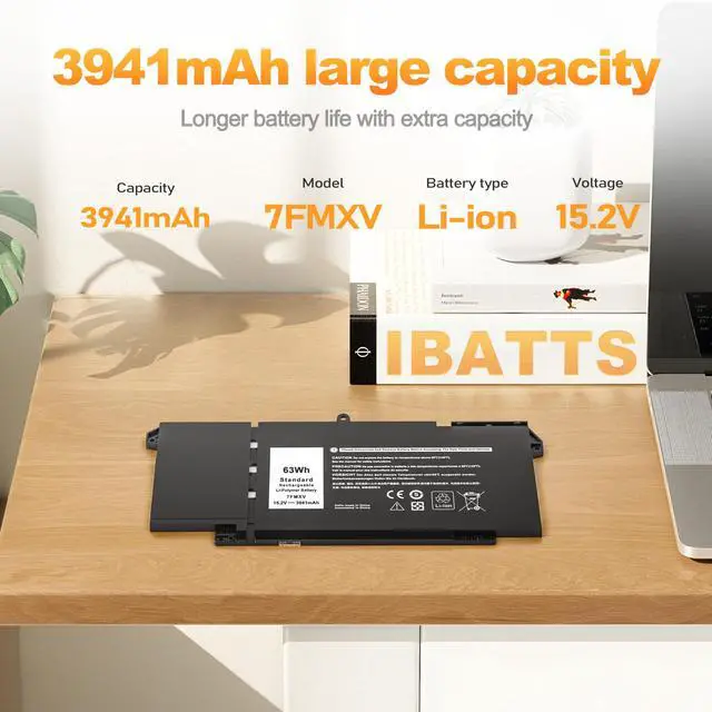 Alt view image 2 of 5 - 7FMXV 63Wh Replacement Laptop Battery for Dell Latitude 5320 7320 7420 7520 Series, Compatible with P133G P134G P135G P136G P138G P139G P110F TN2GY 9JM71 4M1JN 1PP63,15.2V 3941mAh