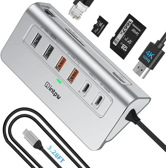 Main image of USB C Hub Ethernet, 10Gbps USB Docking Station 10-in-1 with 4K@60Hz HDMI, USB C and 2 USB A 3.2 Data, LAN, 2 USB A 2.0, PD 100W, SD/TF Ports, 3.28FT Powered USB Hub for Laptop, PC, iPhone 16/15, Mac
