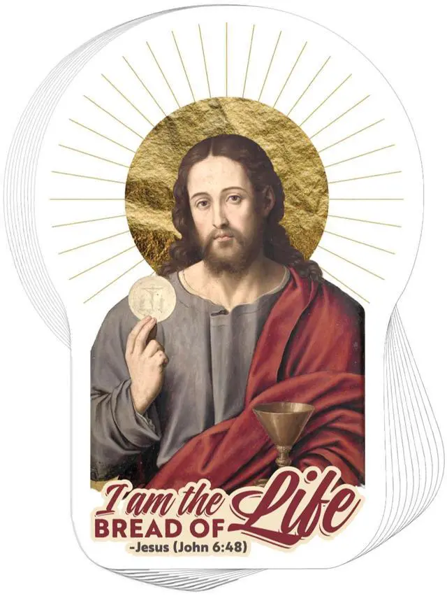 Main image of Catholic Concepts | I am The Bread of Life, Jesus 4 x 2.25 Vinyl Sticker Label Decal Waterproof Cool Accessory for Laptop, Hard Hats, Water Bottles, Scrapbooks, Folders, Cell Phone | 10-Pack