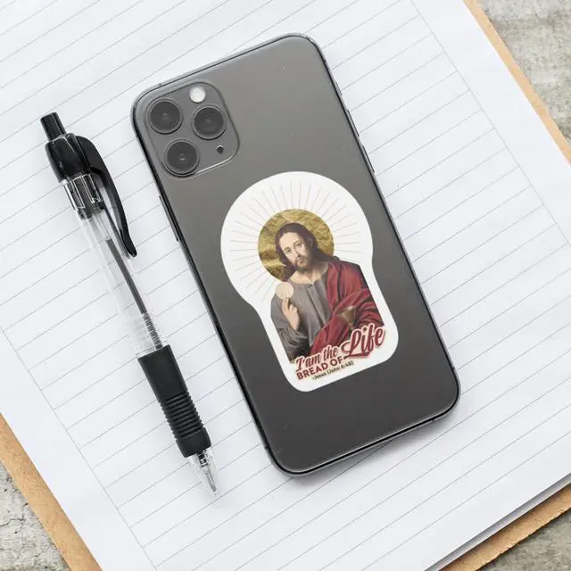 Alt view image 3 of 3 - Catholic Concepts | I am The Bread of Life, Jesus 4 x 2.25 Vinyl Sticker Label Decal Waterproof Cool Accessory for Laptop, Hard Hats, Water Bottles, Scrapbooks, Folders, Cell Phone | 10-Pack