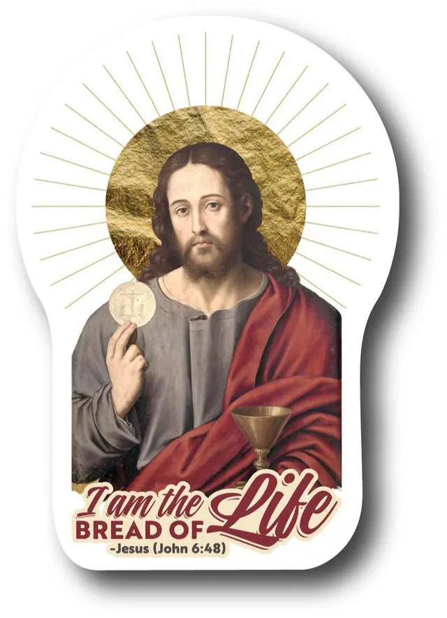 Alt view image 2 of 3 - Catholic Concepts | I am The Bread of Life, Jesus 4 x 2.25 Vinyl Sticker Label Decal Waterproof Cool Accessory for Laptop, Hard Hats, Water Bottles, Scrapbooks, Folders, Cell Phone | 10-Pack