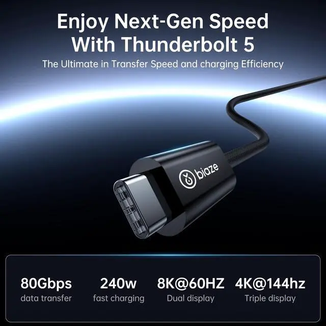 Alt view image 2 of 5 - biaze Thunderbolt 5 Data Cable, 6.5-Foot USB-C to USB-C Data Cable, Supports 240W Charging, up to 120Gbps Bandwidth,Supports 8K/4K Display, iPhone 16, MacBook, and More Devices