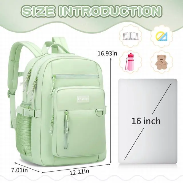 Alt view image 2 of 5 - PRAGARI Kids Backpack for School Cute Aesthetic Green Backpack Girls Student Bookbag Women Travel Lightweight Book Bag