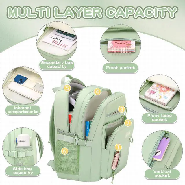 Alt view image 3 of 5 - PRAGARI Kids Backpack for School Cute Aesthetic Green Backpack Girls Student Bookbag Women Travel Lightweight Book Bag