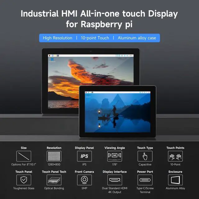 Alt view image 3 of 5 - waveshare Industrial HMI All-in-one 10.1inch Touch Display, Compatible with Raspberry Pi 5 (Included), Supports Dual 4K HDMI Output, 10-Point Touch, Aluminum Alloy Case, Efficient Heat Dissipation
