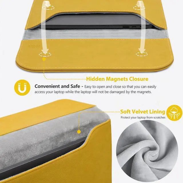 Alt view image 4 of 5 - HYZUO 15-16 Inch Laptop Sleeve for MacBook Pro 16 M4/M3/M2/M1 A3403 A3186 A2991 A2780 2025-2019, MacBook Pro 15 2015-2012 A1398, XPS 15, Faux Suede Leather Case with Accessory Bag, Olive Yellow