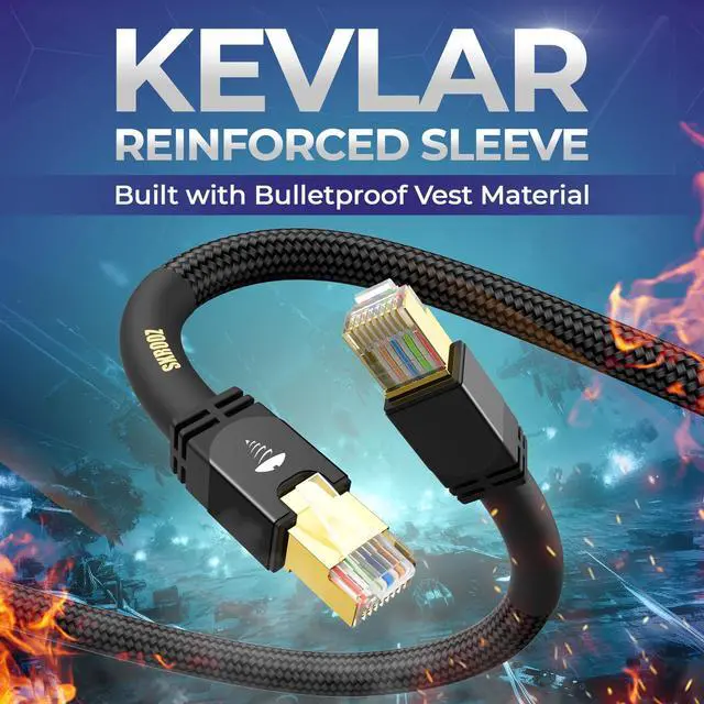 Alt view image 2 of 5 - CAT8 Ethernet Lifetime Cable [8ft] Heavy Duty High Speed 40Gbps, Gold-Plated Plugs, Kevlar Strong, for Router, Modem, PC  Compatible with Xbox, PS4, PS5 Gaming  4X Faster Than CAT7