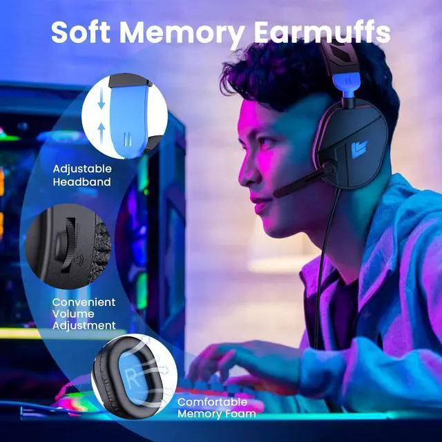 Alt view image 2 of 5 - G63 Gaming Headsets for PC, Gaming Headphones with Noise Canceling Mic, PS5 PS4 Headset with Soft Memory Earmuffs, LED Light, Stereo Sound, 2m Wired Over Ear Headphones for Xbox One, Mac, Laptop, PC