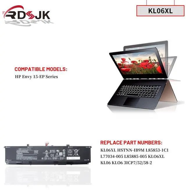 Alt view image 3 of 5 - KL06XL KL06 Laptop Battery for HP Envy 15-EP0000NS 15-EP0001NK 15-EP0003NQ 15-EP0004UR 15-EP0005NL 15-EP0006NM 15-EP0006TX 15-EP0101TX Series HSTNN-IB9M L85853-1C1 L77034-005 L85885-005 11.58V 83.14Wh