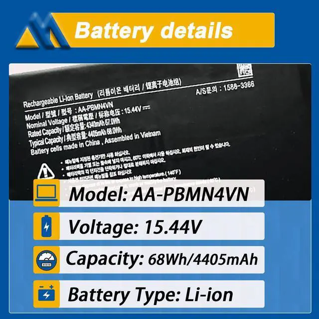 Alt view image 2 of 5 - Mobik 68Wh AA-PBMN4VN Laptop Battery Replacement for Samsung Galaxy Book Pro 360 15 15.6" NP950XDB NP950XDB-KA1US NP950XDB-KB1US NP950XDB-KC5US NP950QDB NP950QDB-KB1US NP950QDB-KB1US