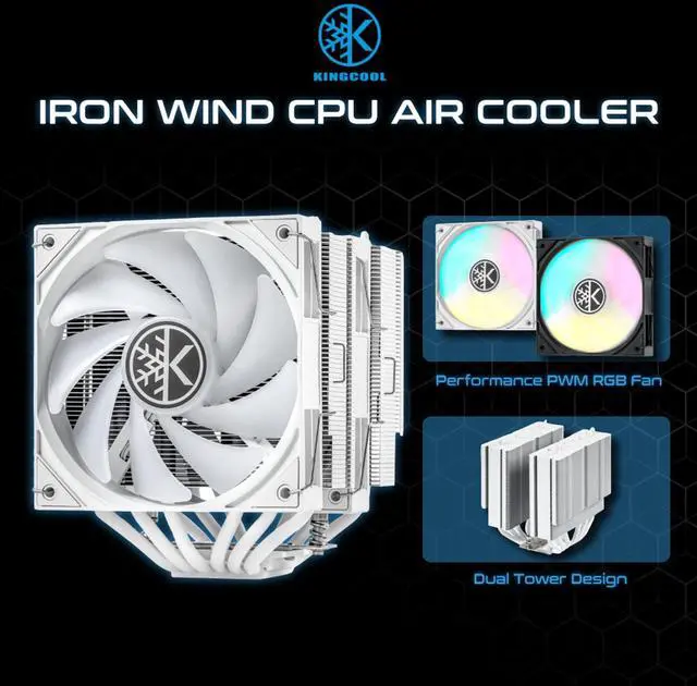 Alt view image 3 of 5 - KINGCOOL Iron Wind 120 ARGB CPU Air Coolor, 6 Heat Pipes & Dual Towers, Dual 120mm PWM Fans, 1800 RPM Speed, ARGB Lighting, PC Cooler for AMD AM4 AM5/ Intel LGA 1851/1700, White
