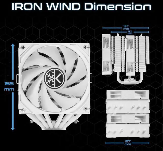 Alt view image 5 of 5 - KINGCOOL Iron Wind 120 ARGB CPU Air Coolor, 6 Heat Pipes & Dual Towers, Dual 120mm PWM Fans, 1800 RPM Speed, ARGB Lighting, PC Cooler for AMD AM4 AM5/ Intel LGA 1851/1700, White