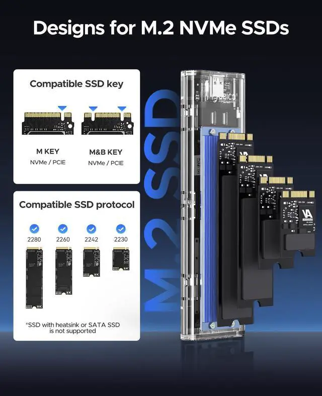 Alt view image 3 of 5 - ORICO M.2 NVMe SSD Enclosure, USB 3.2 Gen 2 (10 Gbps), Transparent External Solid State Drive Adapter Enclosure for 2280 2260 2242 2230 PCI-E M2 M-Key SSD, USB Type C Converter Case-TCM2 Blue