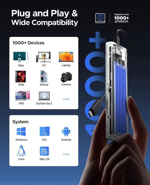 Alt view image 5 of 5 - ORICO M.2 NVMe SSD Enclosure, USB 3.2 Gen 2 (10 Gbps), Transparent External Solid State Drive Adapter Enclosure for 2280 2260 2242 2230 PCI-E M2 M-Key SSD, USB Type C Converter Case-TCM2 Blue
