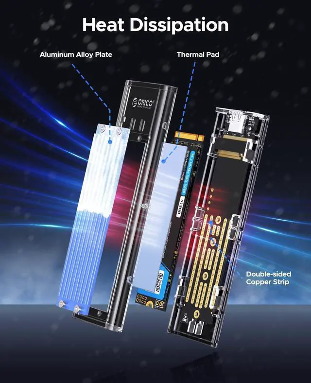 Alt view image 4 of 5 - ORICO M.2 NVMe SSD Enclosure, USB 3.2 Gen 2 (10 Gbps), Transparent External Solid State Drive Adapter Enclosure for 2280 2260 2242 2230 PCI-E M2 M-Key SSD, USB Type C Converter Case-TCM2 Blue