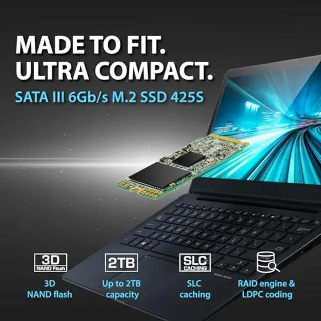 Alt view image 3 of 5 - Transcend 2TB M.2 2242 SATA III SSD, Up to 550MB/s, Compatible with Ultrabook, Laptop, PC, Desktop, 3D TLC NAND Flash Internal Solid State Drive, LDPC Error Correction, SLC Cache, B+M Key - MTS425S