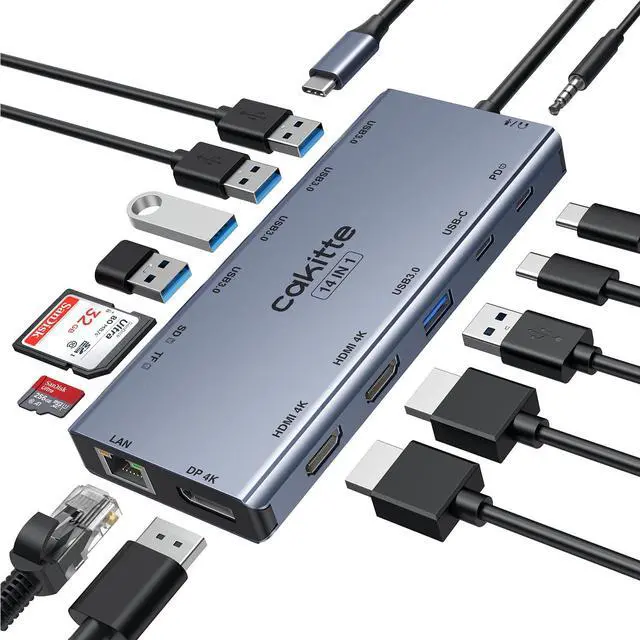 Main image of USB C Laptop Docking Station, cakitte 14 in 1 Type C Hub Multiport Adapter with 3 Monitors, Dual HDMI, DP, Ethernet, SD/TF, Mic/Audio, PD,Compatible for MacBook Dell HP Lenovo (Grey)