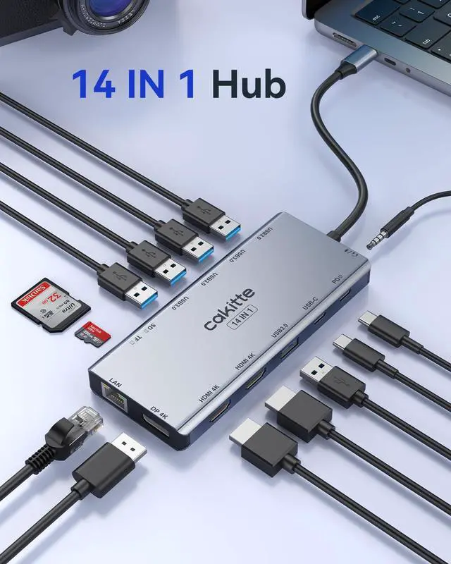 Alt view image 2 of 5 - USB C Laptop Docking Station, cakitte 14 in 1 Type C Hub Multiport Adapter with 3 Monitors, Dual HDMI, DP, Ethernet, SD/TF, Mic/Audio, PD,Compatible for MacBook Dell HP Lenovo (Grey)