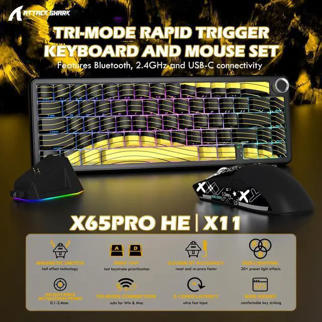Alt view image 2 of 5 - Attack Shark X65PRO HE & X11 Gaming Combo,Hall Effect Magnetic Keyboard & Ultralight Mouse with RGB Charging Dock,8K Polling,22K DPI,Tri-Mode Wireless,Hot-Swappable, for Win/Mac/Linux-Black Yellow