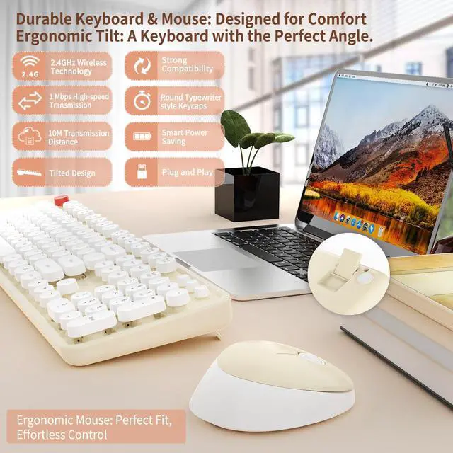 Alt view image 2 of 5 - HotFox Wireless Keyboard and Mouse Combo, Full-Size Retro Typewriter Keyboard with Round Keycaps, Ergonomic Design for Windows PC, Home and Office Use - Cream