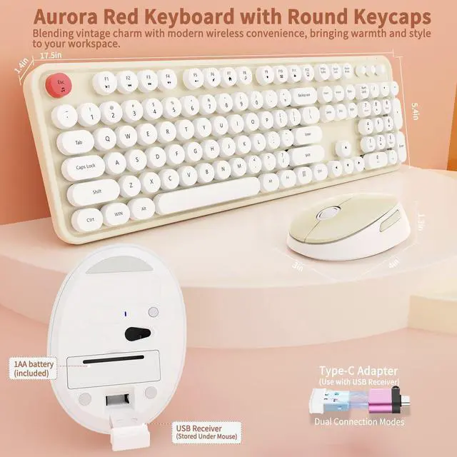 Alt view image 3 of 5 - HotFox Wireless Keyboard and Mouse Combo, Full-Size Retro Typewriter Keyboard with Round Keycaps, Ergonomic Design for Windows PC, Home and Office Use - Cream