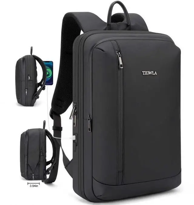 Main image of Tzowla Business Expandable Laptop Backpack for Men Professional,Slim Waterproof Backpacks for Travel/Work/Office/College with USB/Type C Charging Port,Lightweight Bag Fit 17.3 Inch Notebook(Black)