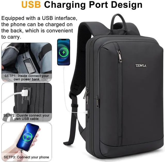 Alt view image 3 of 5 - Tzowla Business Expandable Laptop Backpack for Men Professional,Slim Waterproof Backpacks for Travel/Work/Office/College with USB/Type C Charging Port,Lightweight Bag Fit 17.3 Inch Notebook(Black)