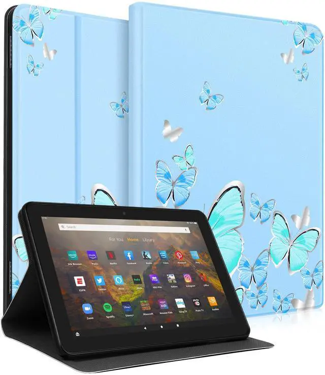 Main image of Wazzasoft for Amazon Kindle Fire HD 10/10 Plus Tablet Case 13th/11th Generation for Women Girls Folio Cover Cute Fashion Design Girly Kawaii Blue Butterfly Pretty Cases for Kindle Fire Case 10.1 Inch