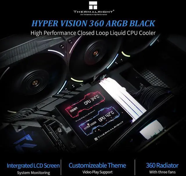 Alt view image 2 of 5 - Thermalrlght Hyper Vision 360 ARGB Black CPU Water Cooler,3 PWM Fans Water Cooling System,IPS LCD Screen with 480x480 Resolution,for AM4/AM5,Intel LGA1851/1700,CPU Liquid Cooler,3.95-inch Display
