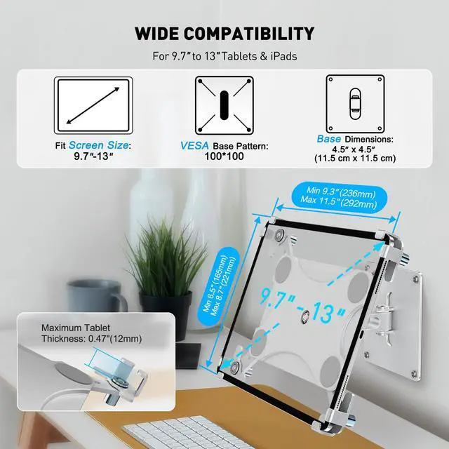 Alt view image 3 of 5 - AboveTEK Universal Tablet Wall Mount, Anti-Theft iPad Mount with Locking Enclosure for 9.7"-13" Screen, Heavy-Duty Aluminum Kiosk for Business POS Display, Adjustable 360° Swivel & Tilt VESA Mount