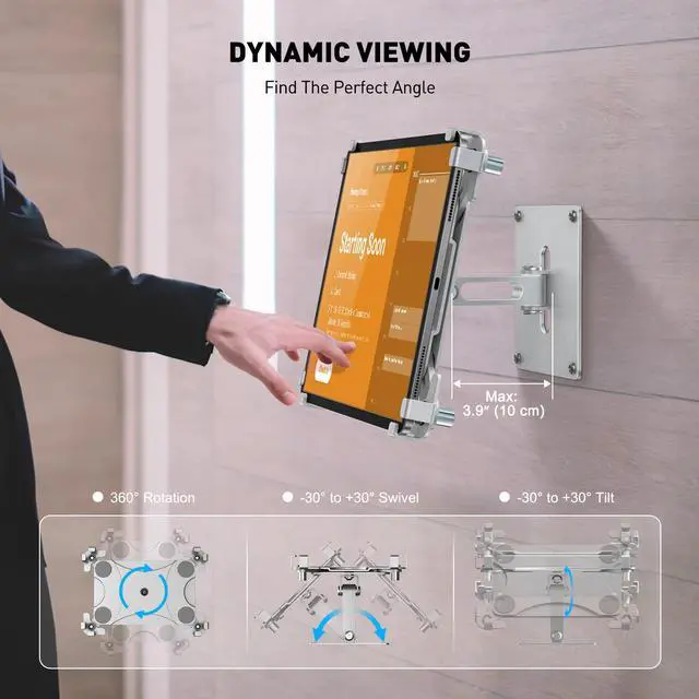 Alt view image 5 of 5 - AboveTEK Universal Tablet Wall Mount, Anti-Theft iPad Mount with Locking Enclosure for 9.7"-13" Screen, Heavy-Duty Aluminum Kiosk for Business POS Display, Adjustable 360° Swivel & Tilt VESA Mount